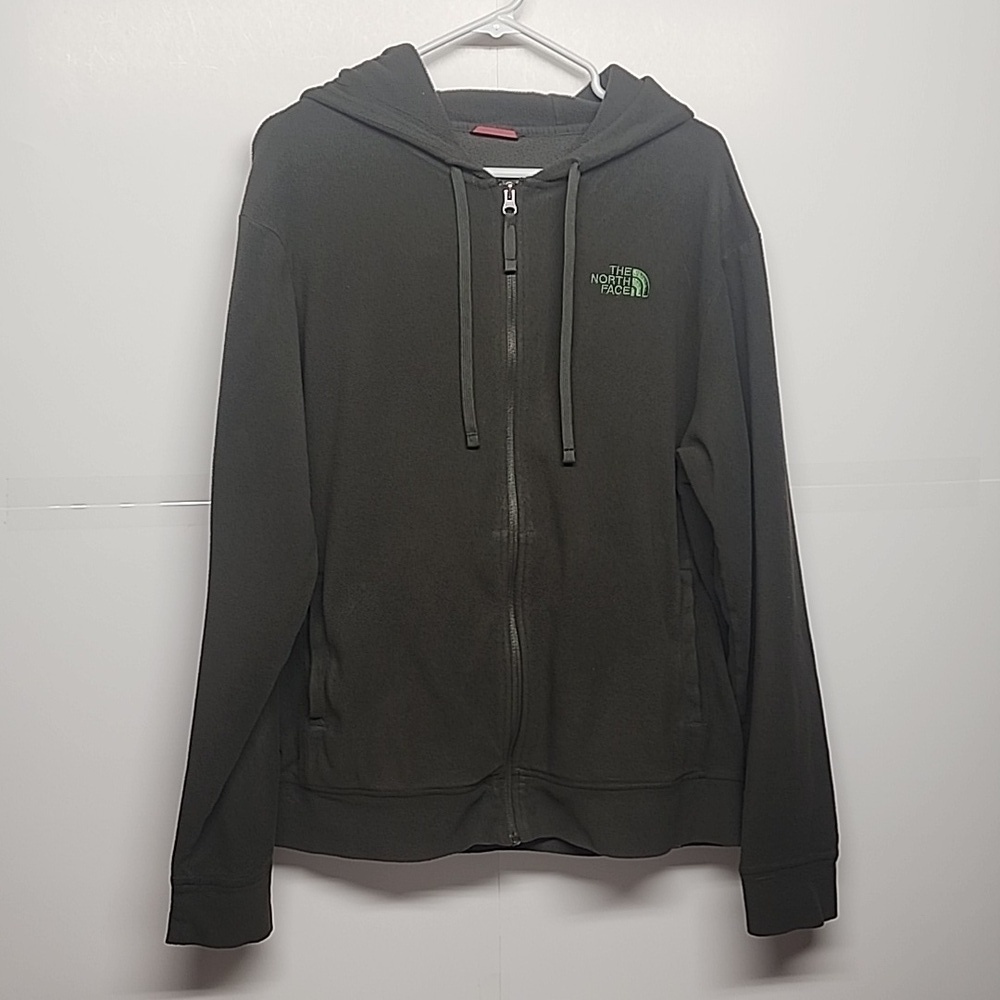 The North Face olive green embroidered  long sleeve hooded sweatshirt.